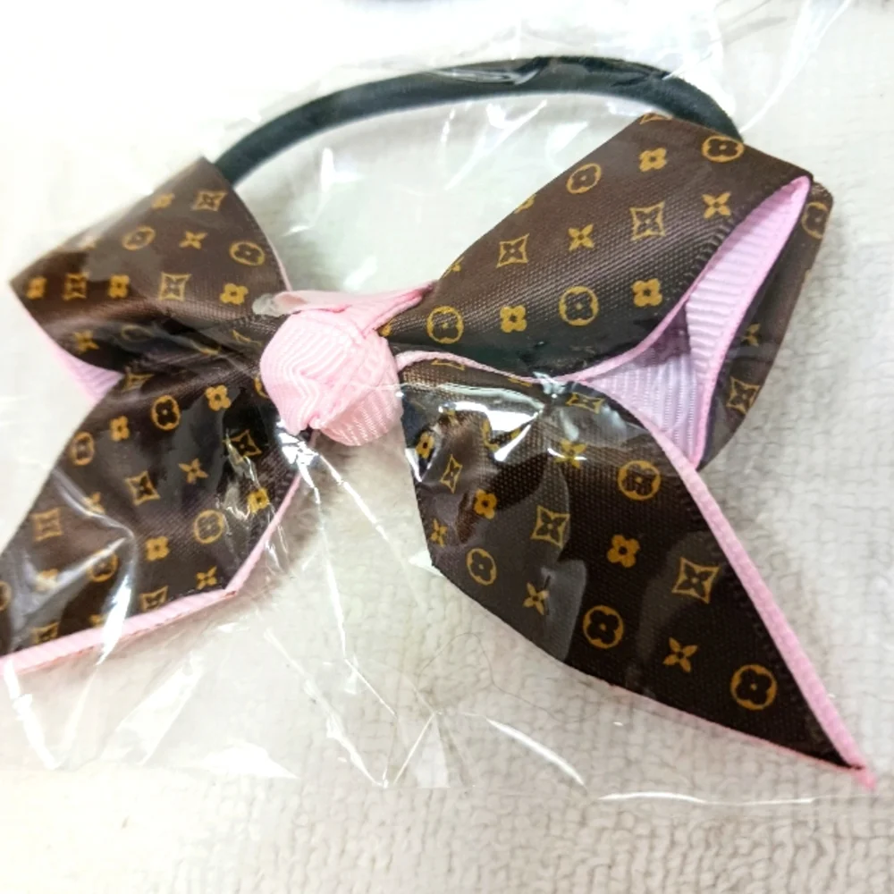 2 Fashion Hair Bands BOWS Monogram Ponytail Holder Ribbon BROWN BEIGE‎ Brand New